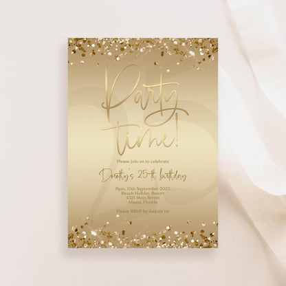 Editable Gold Foil Birthday Invitation, Printable Party Time Invite, Gold Confetti Evite, Any Age Digital Text Message Invitation Template