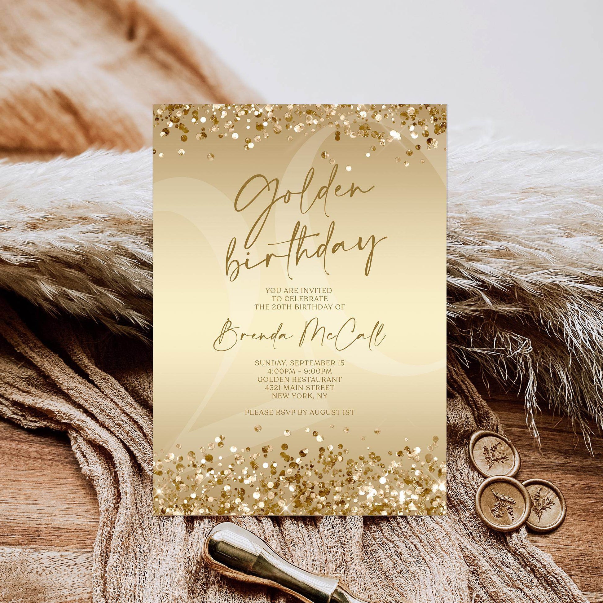 Printable Ladies Golden Birthday Invitation Template, Gold Party Invite, Editable Template, Teen Girls Brunch Digital Download, Email Invite