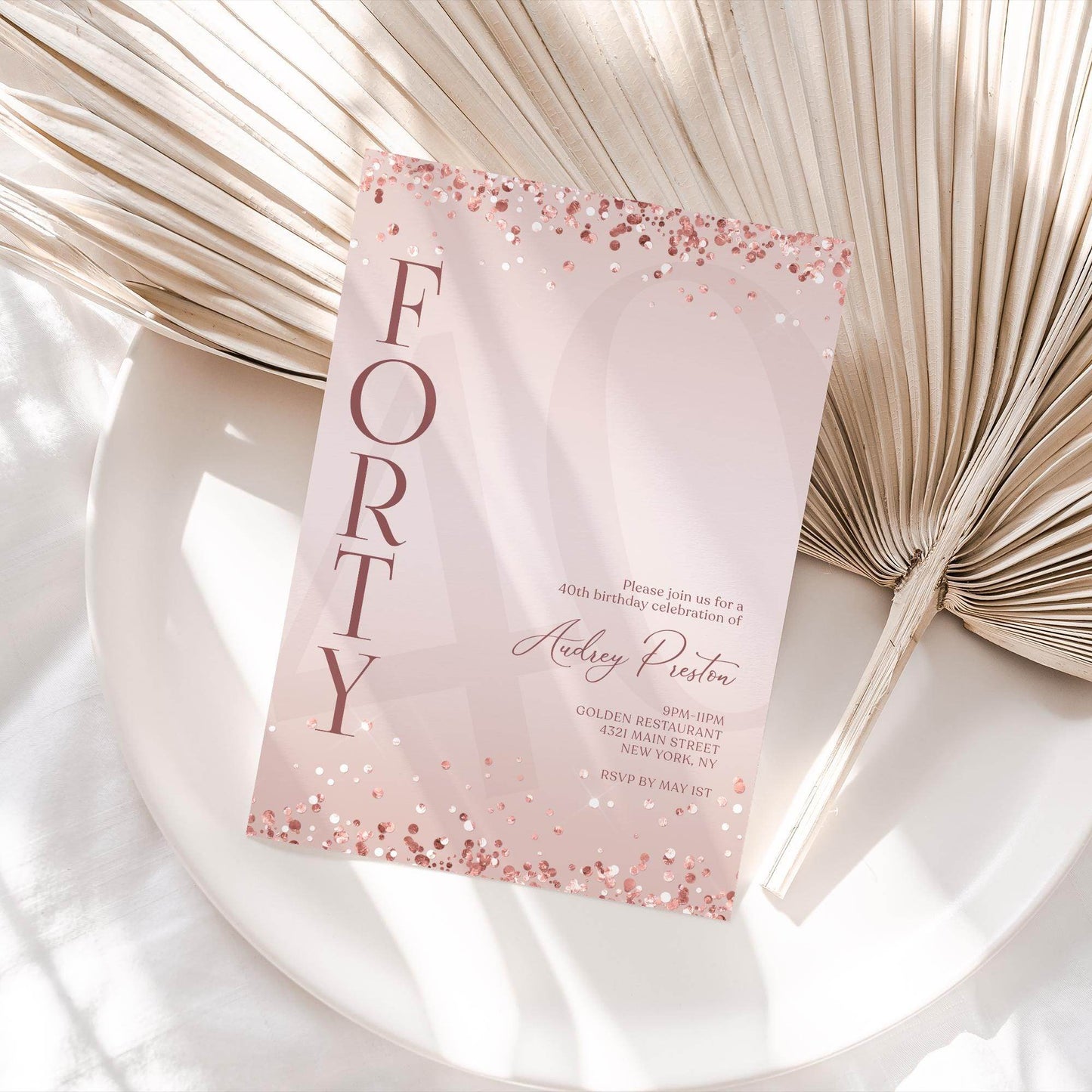 Pink Rose Gold 40th Birthday Invitation – Editable Surprise Party Template – Printable & Digital Invite – Text Message Evite – Instant Download