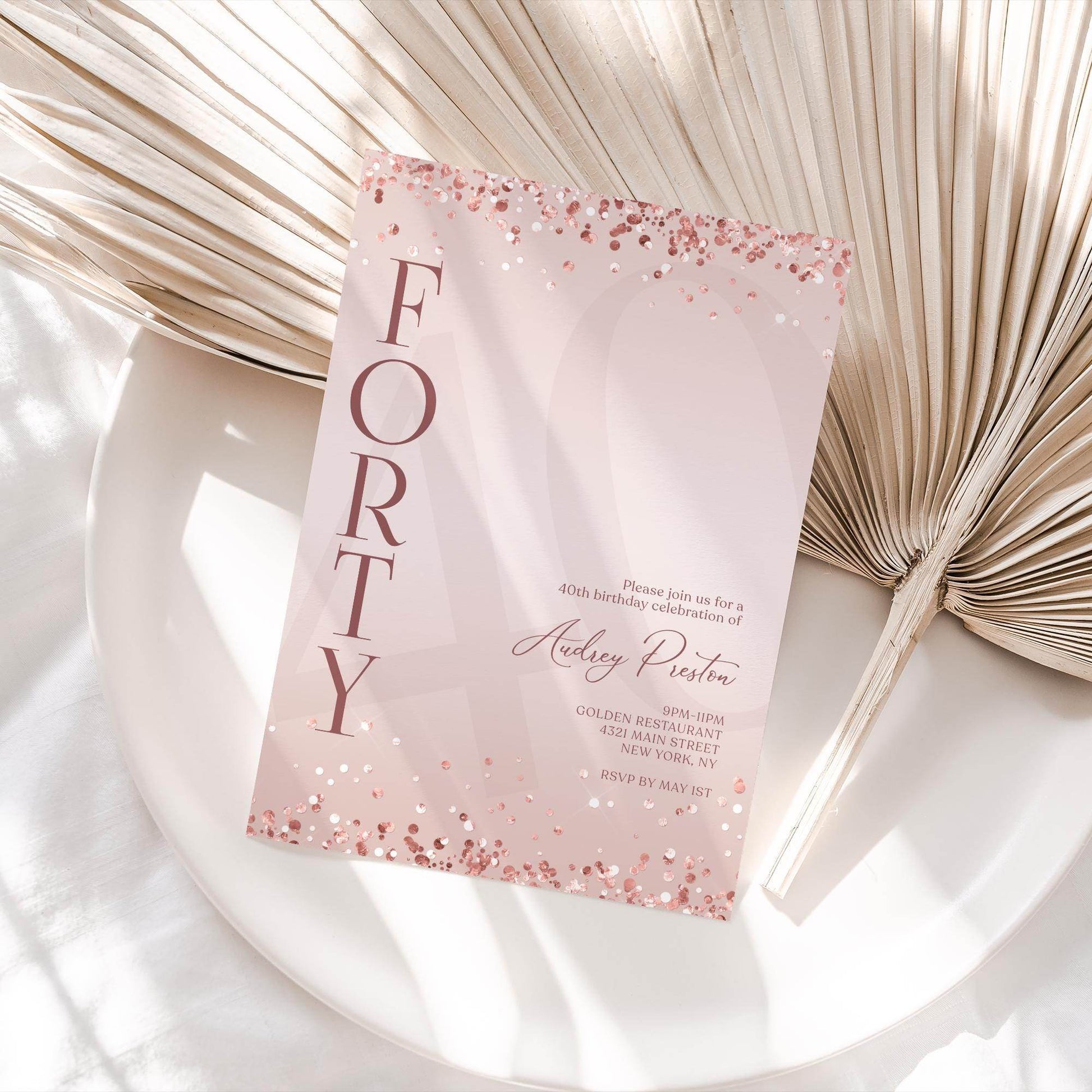 Pink Rose Gold 40th Birthday Invitation – Editable Surprise Party Template – Printable & Digital Invite – Text Message Evite – Instant Download