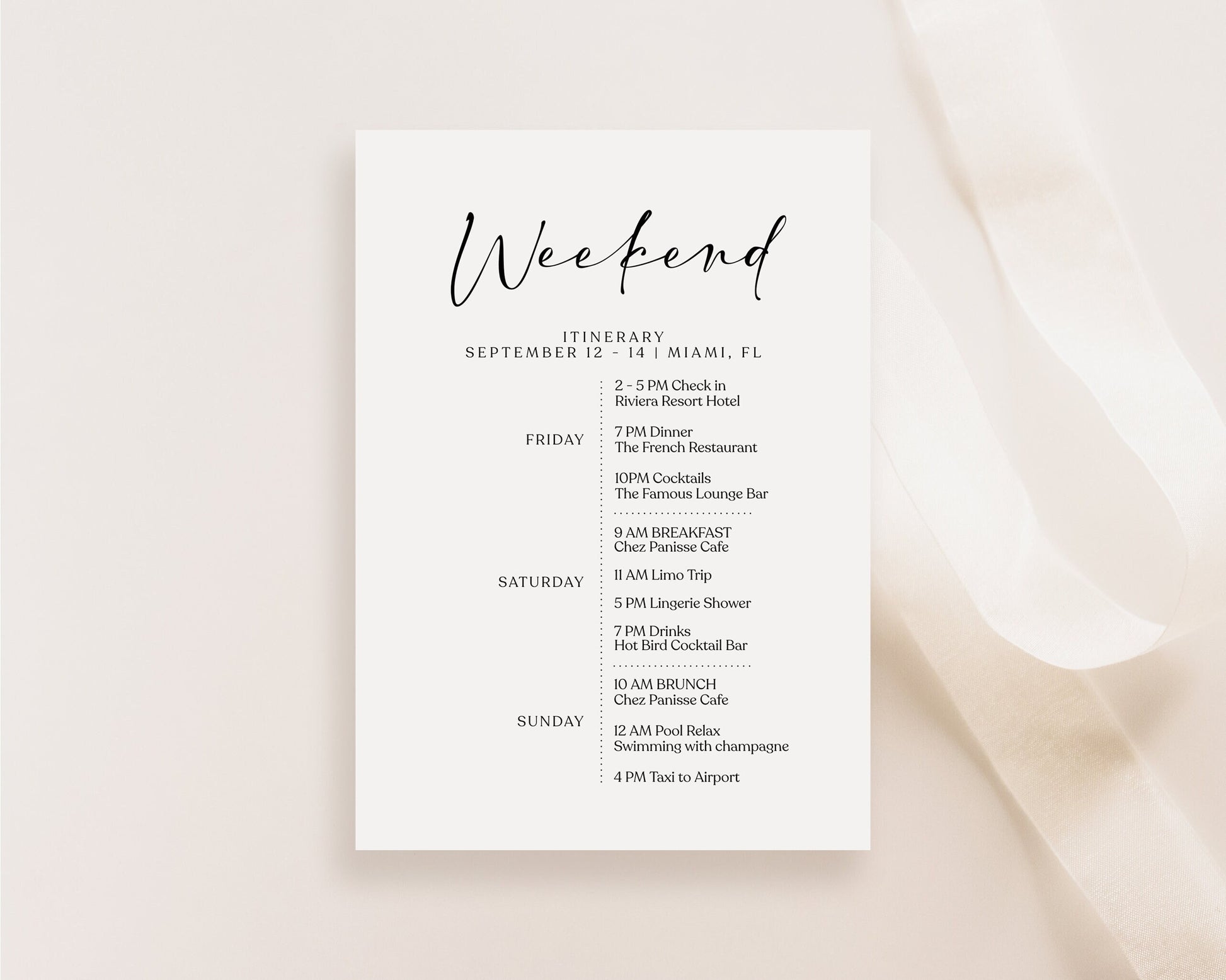 Simple Weekend Itinerary Template, Editable Weekend Itinerary, Printable Birthday Weekend Invitation, Minimalist Elegant Itinerary, Digital