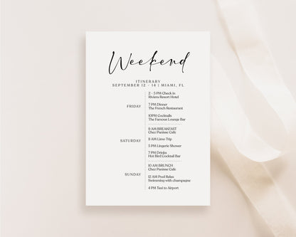 Simple Weekend Itinerary Template, Editable Weekend Itinerary, Printable Birthday Weekend Invitation, Minimalist Elegant Itinerary, Digital