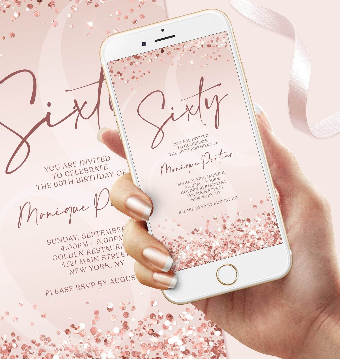 Digital 60th Birthday Invitation Template, Rose Gold Confetti Evite, Editable Sixty Phone Invite, Text Message Birthday, Instant Download