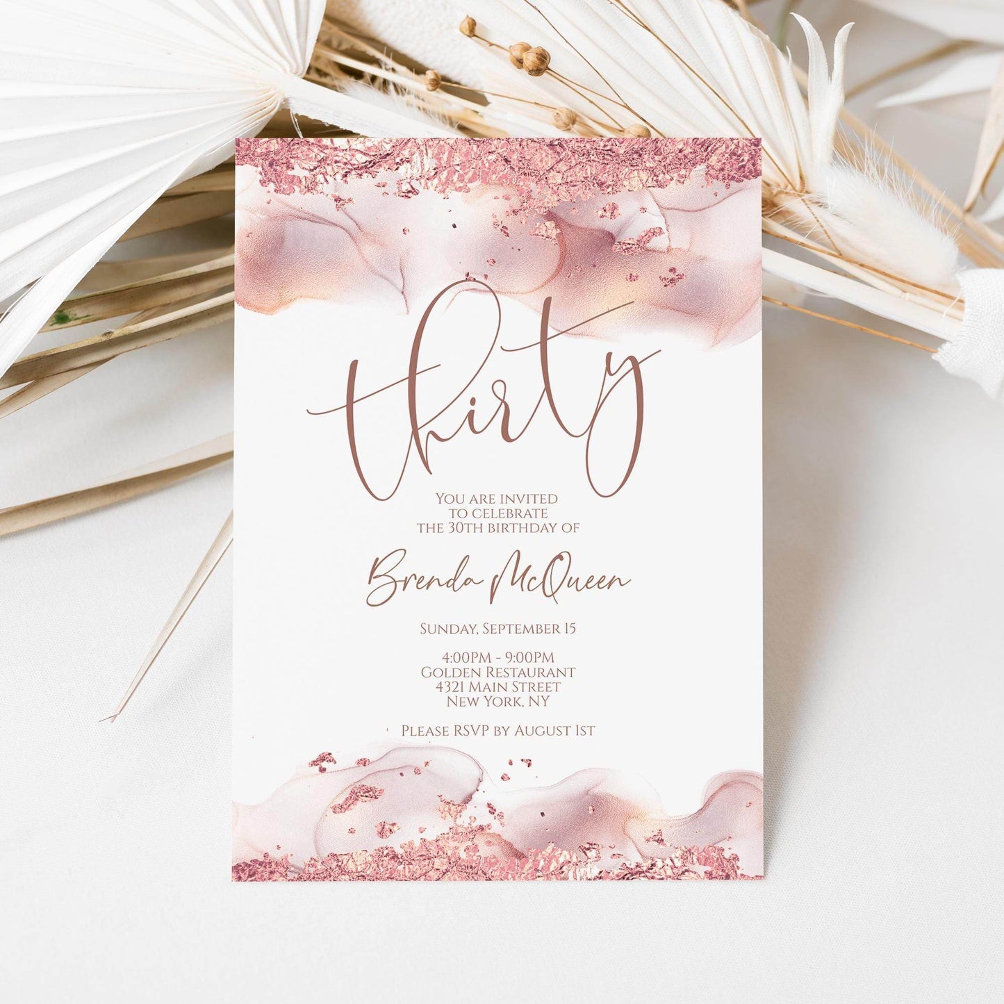 Rose Gold Thirty Invitation Template – Printable Editable 30th Birthday Card – Rose Gold Foil Birthday Invite – Digital Email & Text Message – Instant Download Invite, Email Text Message, Instant Download