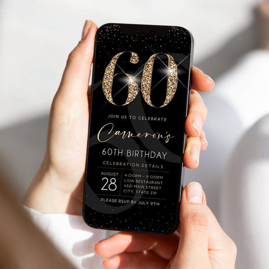 Luxury Digital 60th Sixty Birthday Evite Invitation Template, Electronic Black Gold Modern Invite, Email Text Message Evite, Phone Invite