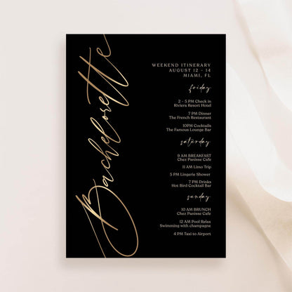 Black Bachelorette Itinerary Template, Editable Weekend Event Schedule, Printable Elegant Itinerary, Digital Download, Text Message Evite
