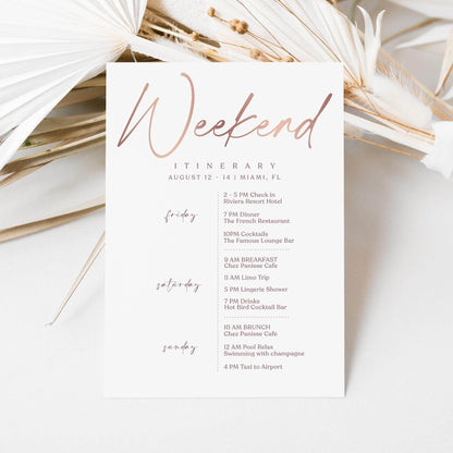 Printable Rose Gold Weekend Itinerary Template – Editable Birthday, Anniversary, or Hen Party Schedule | Elegant Event Planner | Instant Download
