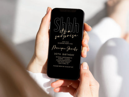Shhh it's a surprise invite, Digital surprise party invite, Invitation Template, Text Message Invite, Black Electronic Mobile Phone Evite