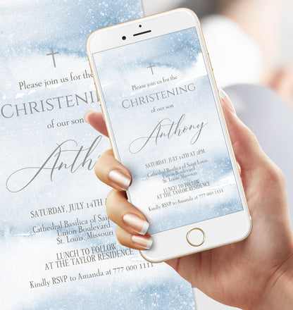 Digital Boy Christening Invitation, Electronic Christening Invite Template, Blue Watercolor, Text Message Evite, Editable Email Text Message