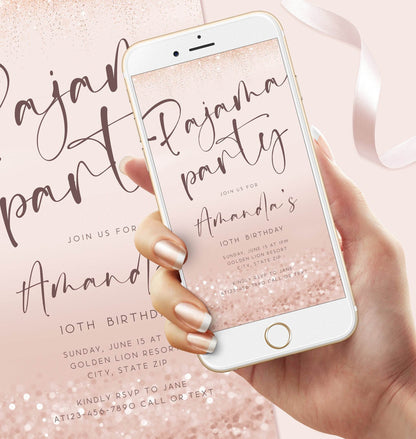Digital Rose Gold Pajama Party Invitation Template, Editable Electronic Birthday Party Invite, Custom Mobile Evite, Email Text Message Invitation