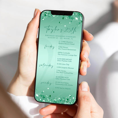 Electronic Mint Green Birthday Weekend Itinerary Template, Editable Birthday Itinerary, Digital Weekend Party Schedule, Itinerary Text Evite