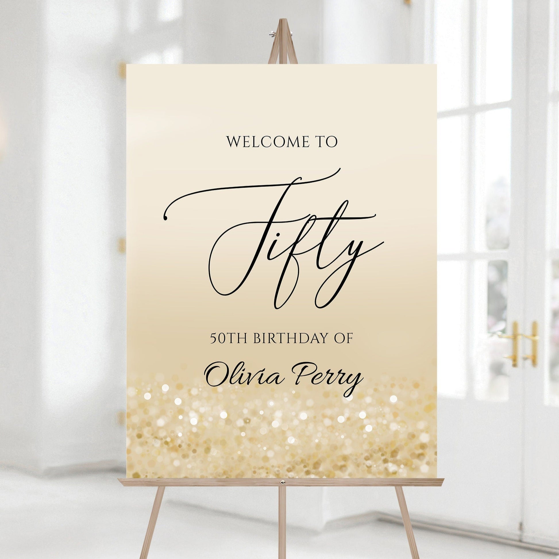 Gold 50th Birthday Welcome Sign | Printable Editable Template | Modern Fifty Birthday Poster | Gold Confetti Party Sign | Instant Download