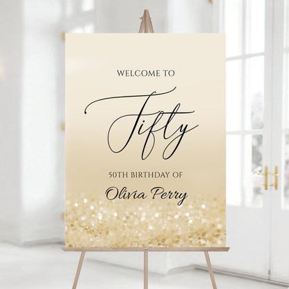 Gold 50th Birthday Welcome Sign | Printable Editable Template | Modern Fifty Birthday Poster | Gold Confetti Party Sign | Instant Download