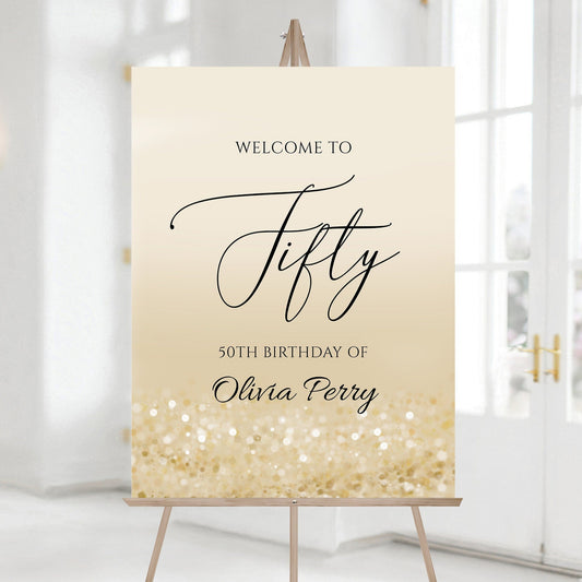 Gold 50th Birthday Welcome Sign | Printable Editable Template | Modern Fifty Birthday Poster | Gold Confetti Party Sign | Instant Download