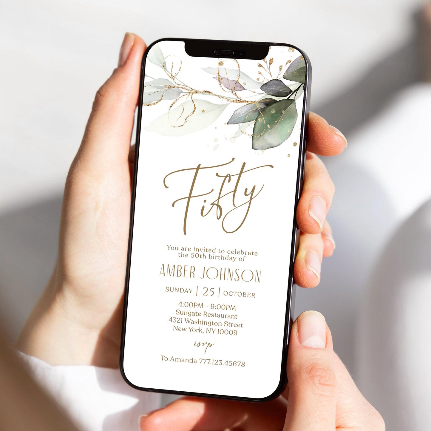 Electronic Fifty 50th birthday Invitation Template, Digital Greenery Eucalyptus Birthday Invite, Editable Template, Phone Text Message Evite