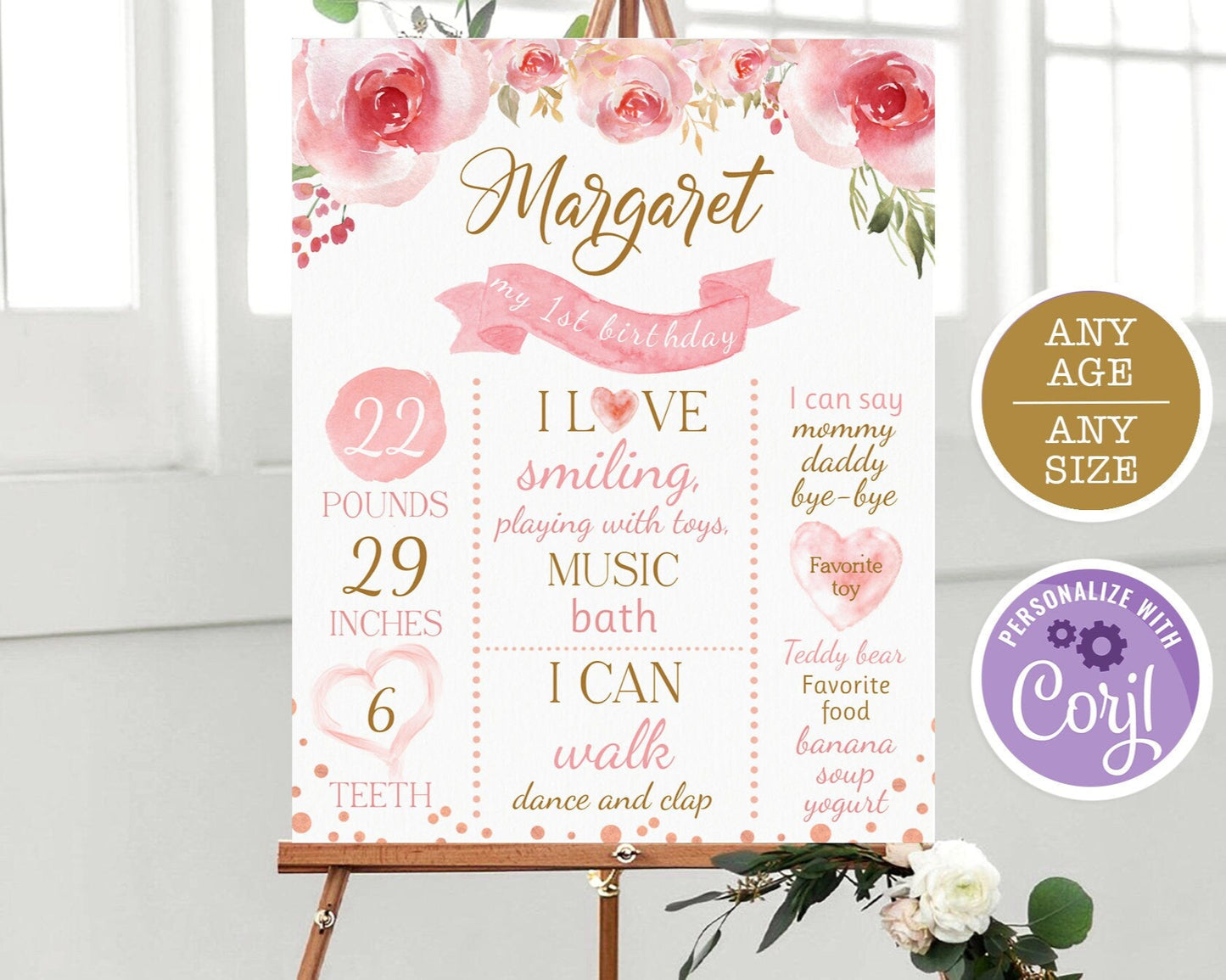 Watercolor Floral First Birthday Poster, Pink and Gold Milestone Board, Girl 1st Birthday Chalkboard Sign, Editable DIY Birthday Sign