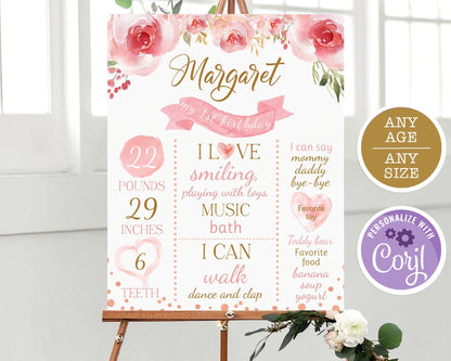 Watercolor Floral First Birthday Poster, Pink and Gold Milestone Board, Girl 1st Birthday Chalkboard Sign, Editable DIY Birthday Sign