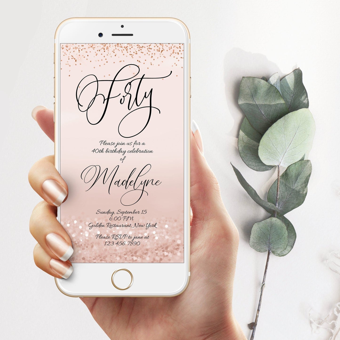 Digital 40th birthday invite, Forty Text message Invitation Evite Template, Rose Gold Forty birthday editable text invite, Electronic invite