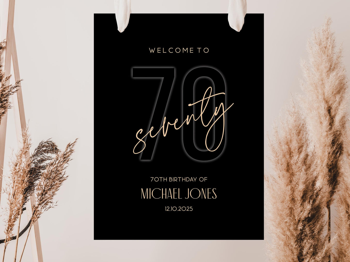 Black 70th Seventy Birthday Welcome Sign Template, Editable Seventy Welcome Board Poster, Printable Birthday Banner, Men's Birthday Decor