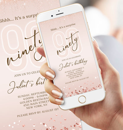 90th Birthday Invitation Template - Instant Download | Rose Gold | Editable