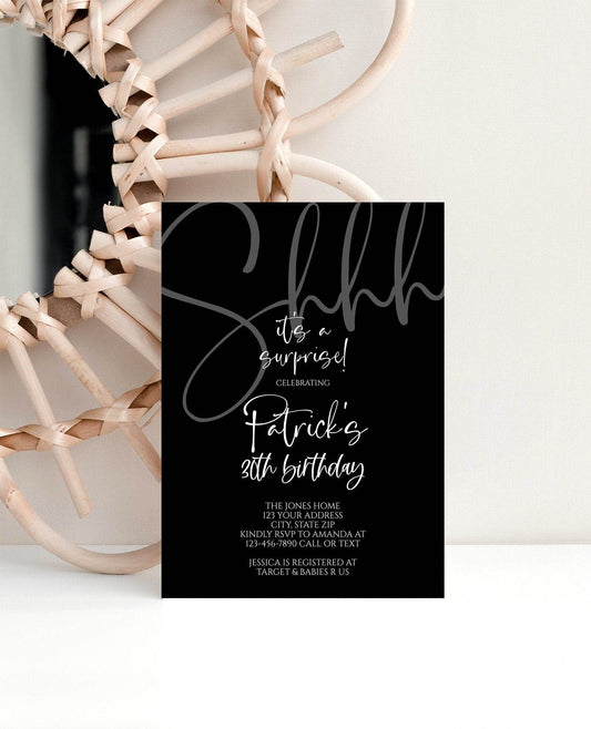 Shhh It’s a Surprise 30th Birthday Invitation, Black White Printable Men’s Birthday Invite, Editable Surprise Party Template DIY
