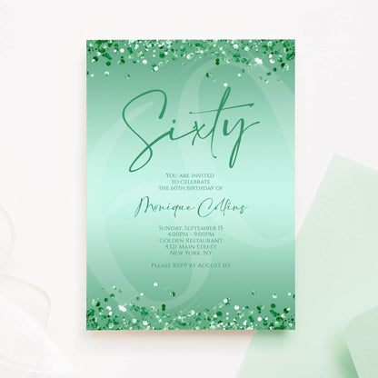 Printable Mint Green 60th Birthday Invitation Template – Editable Digital Mint Birthday Card | Women’s 60th Party Invite | Instant Download