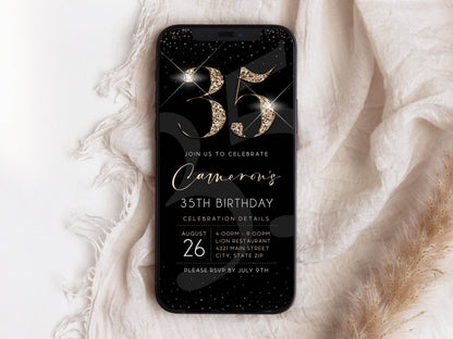 Luxury Digital 35th Birthday Invitation Template, Editable Black Gold Evite, Modern Thirty Five Birthday Phone Invite, Text Message Download