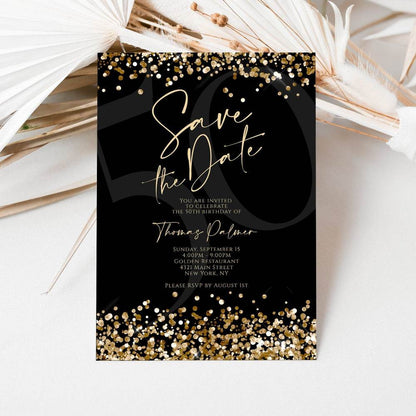 Printable Save the Date Invitation Template – Editable Black & Gold Confetti Invite | Custom Text Message Evite | Digital Instant Download
