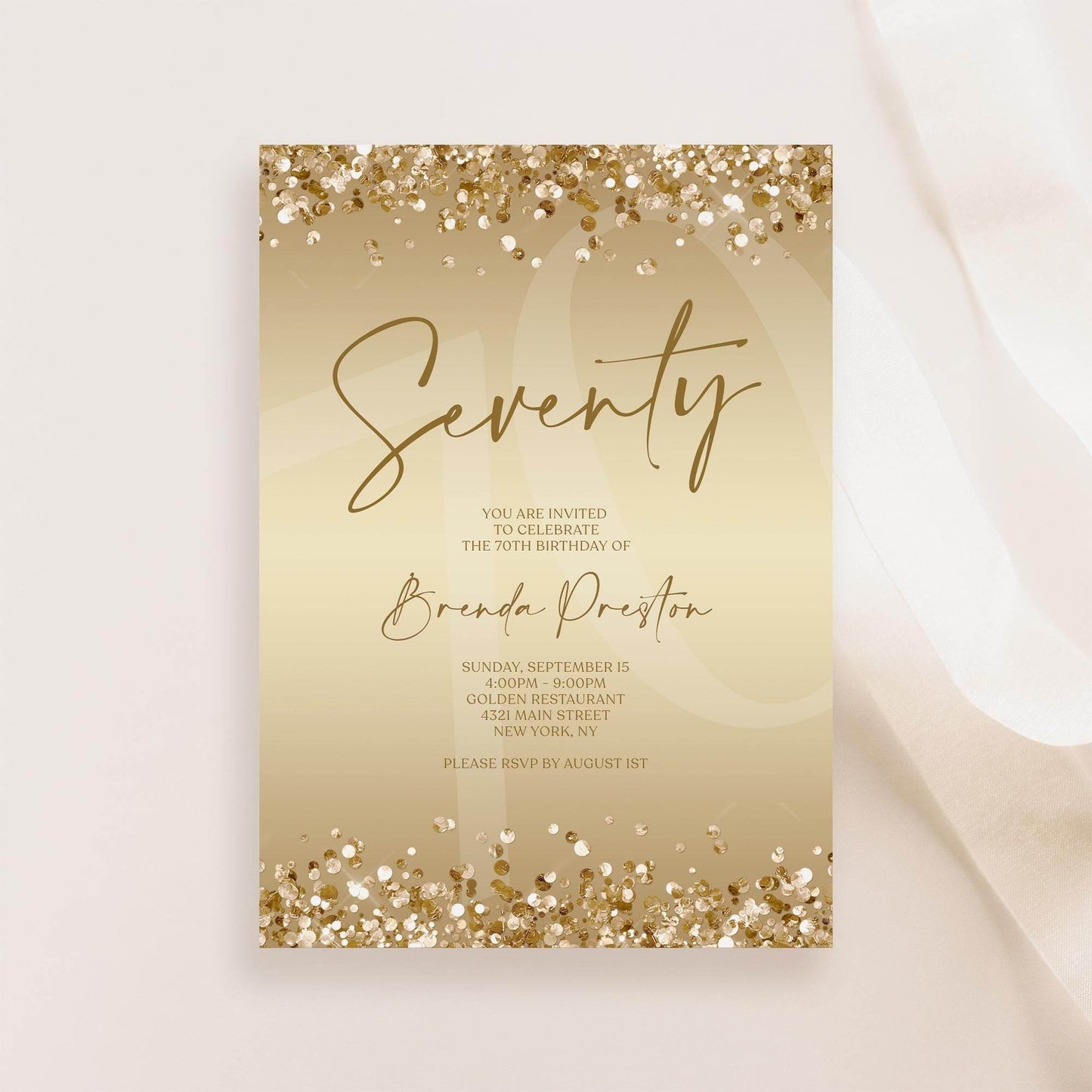 Editable 70th Birthday Invitation Template, Gold Confetti Seventy Invite, Printable Surprise Party Card, Digital Text Message Evite