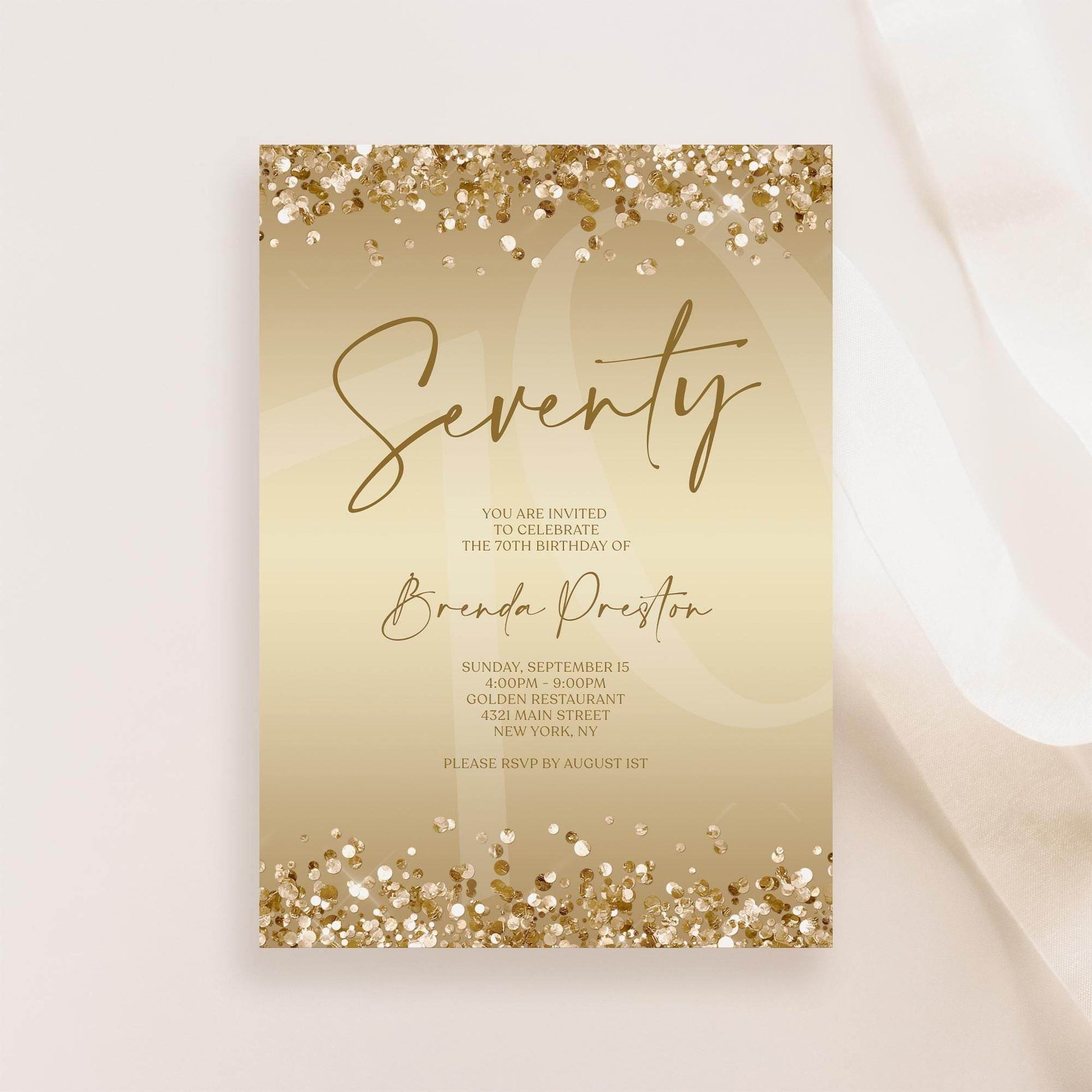 Editable 70th Birthday Invitation Template, Gold Confetti Seventy Invite, Printable Surprise Party Card, Digital Text Message Evite