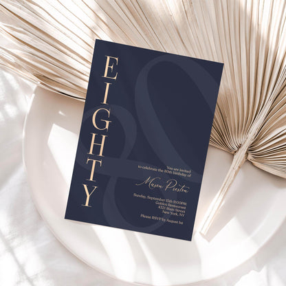 Navy 80th Eighty Birthday Invitation Template, Printable Minimalist Birthday Invite, 80th Modern Elegant Men Birthday Card, Editable Invite
