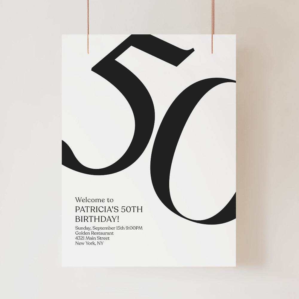 Simple 50th Birthday Welcome Sign – Printable Modern Editable Welcome Poster – DIY Minimalist 50th Birthday Party Decoration – Instant Download Template