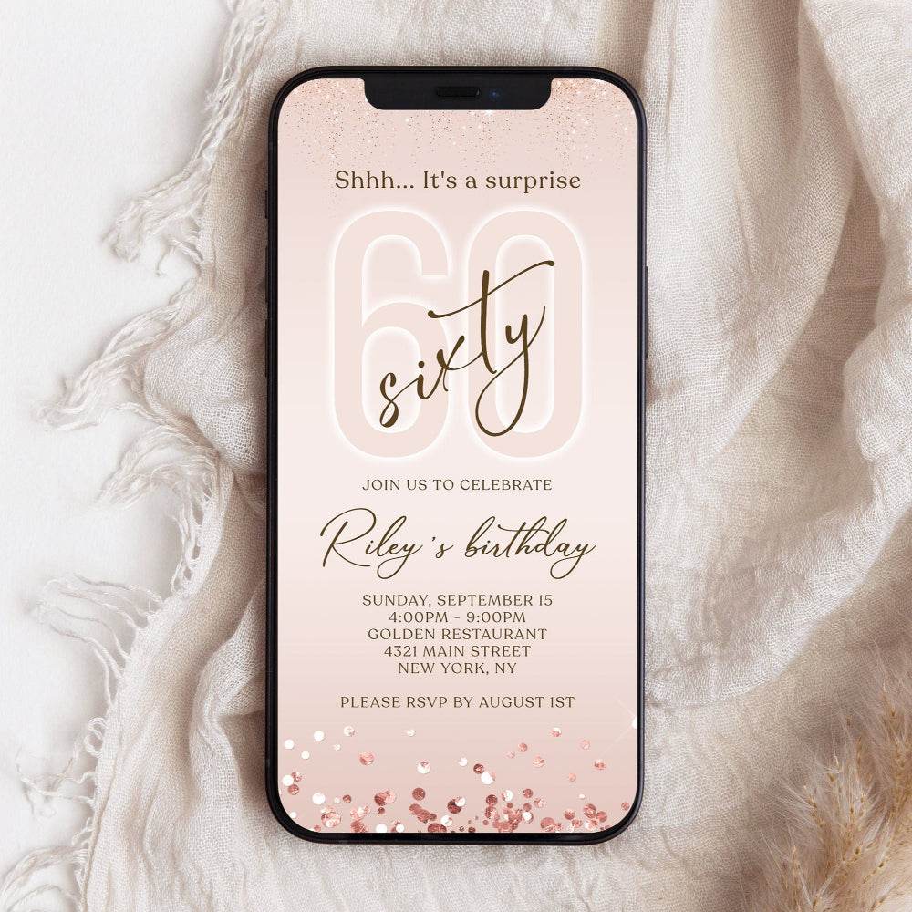 Digital Rose Gold “Shhh It’s a Surprise” 60th Birthday Invitation – Editable Sixty Text Message Evite – Electronic Surprise Birthday Invite – Instant Download