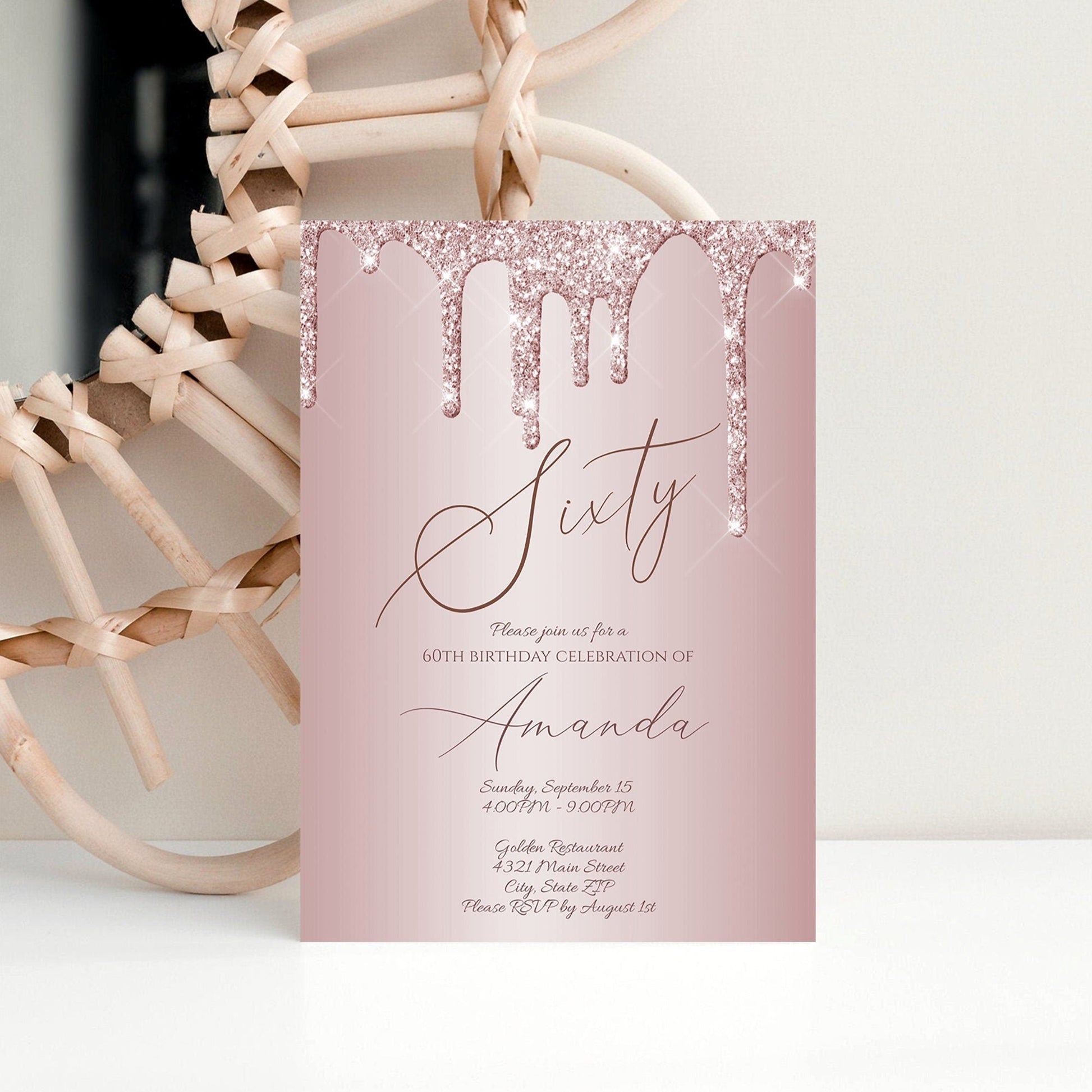 Printable Sixty Rose Gold Glitter Editable 60th Birthday Invitation Template, Modern Invite or Text Digital Invitation, Instant Download 5x7