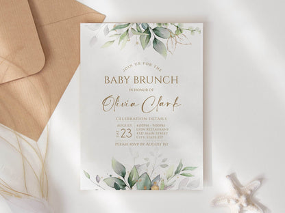 Greenery Baby Shower Brunch Invitation, Gold Leaves Editable Invite, Printable Baby Brunch Template, Digital Evite, Instant Download