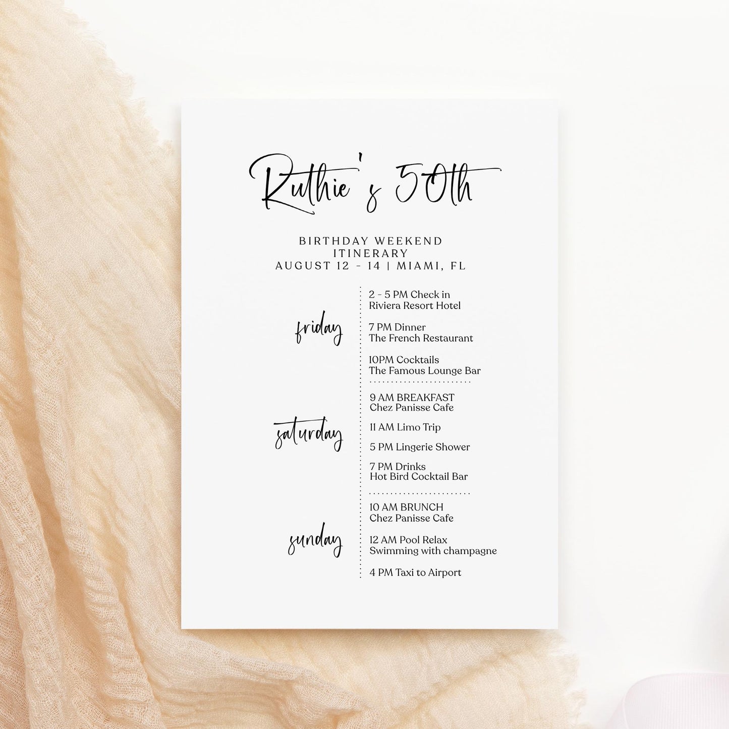 Editable 50th Birthday Weekend Itinerary Template, Printable Minimalist Party Schedule, DIY White Birthday Weekend Planner, Instant Download