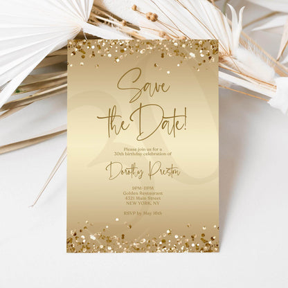 Gold Save the Date Birthday Invitation Template | Editable Any Age Party Invite | Printable Gold Foil Confetti Card | Text Message or Email | Instant Download