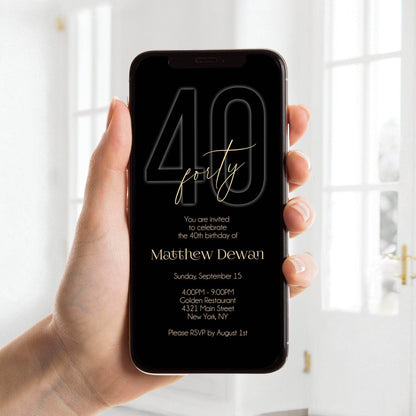 Black Gold 40th Birthday Invitation, Digital Editable Evite Template, Mens 40th Party Phone Text Message Invite