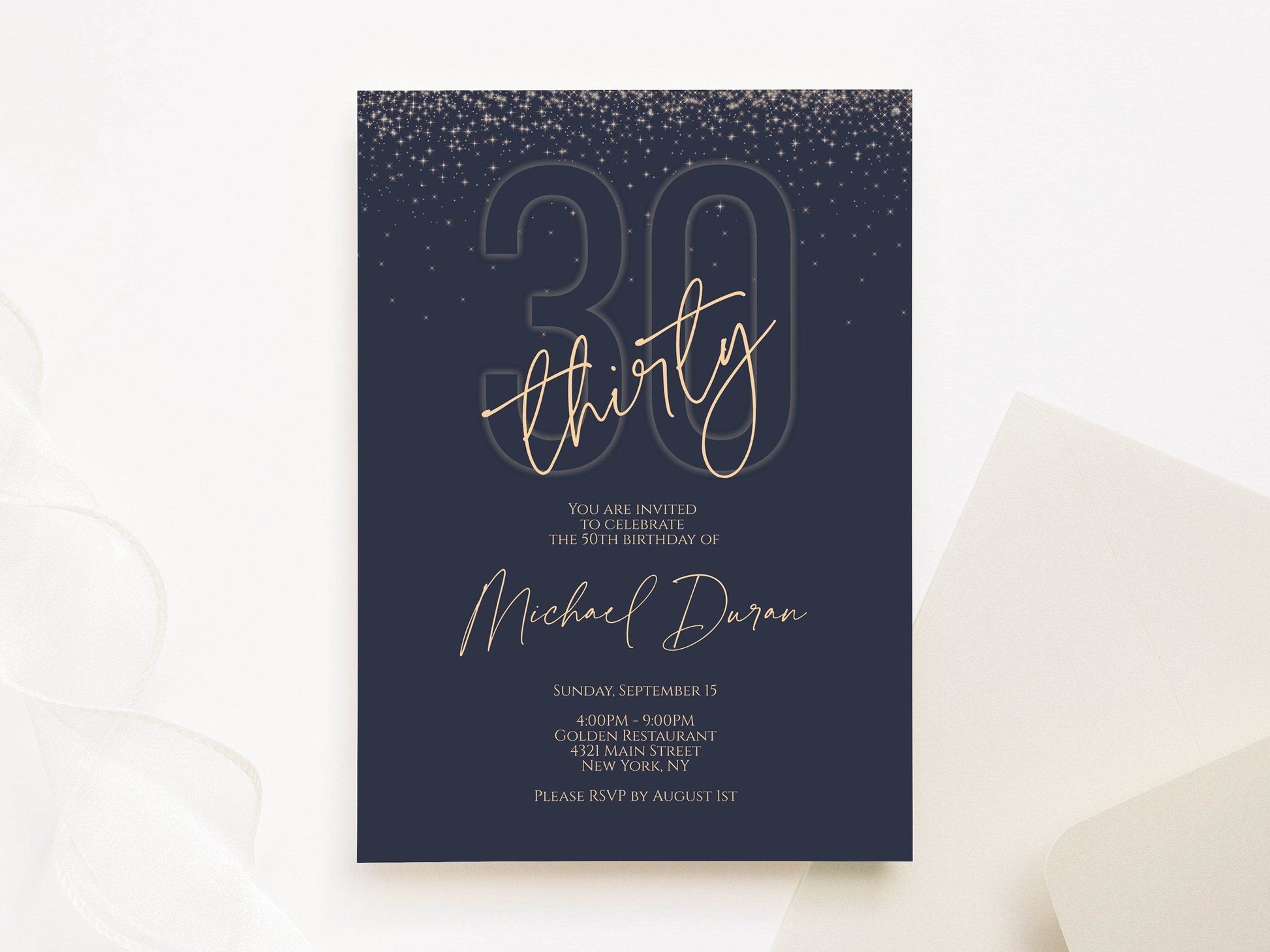 Printable Navy Gold 30th Birthday Invitation Template, Digital Text Message Evite, Editable Male Invite, Instant Download