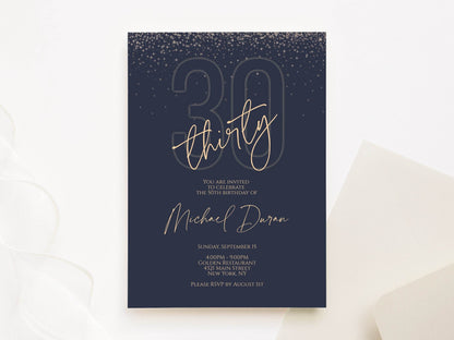 Printable Navy Gold 30th Birthday Invitation Template, Digital Text Message Evite, Editable Male Invite, Instant Download