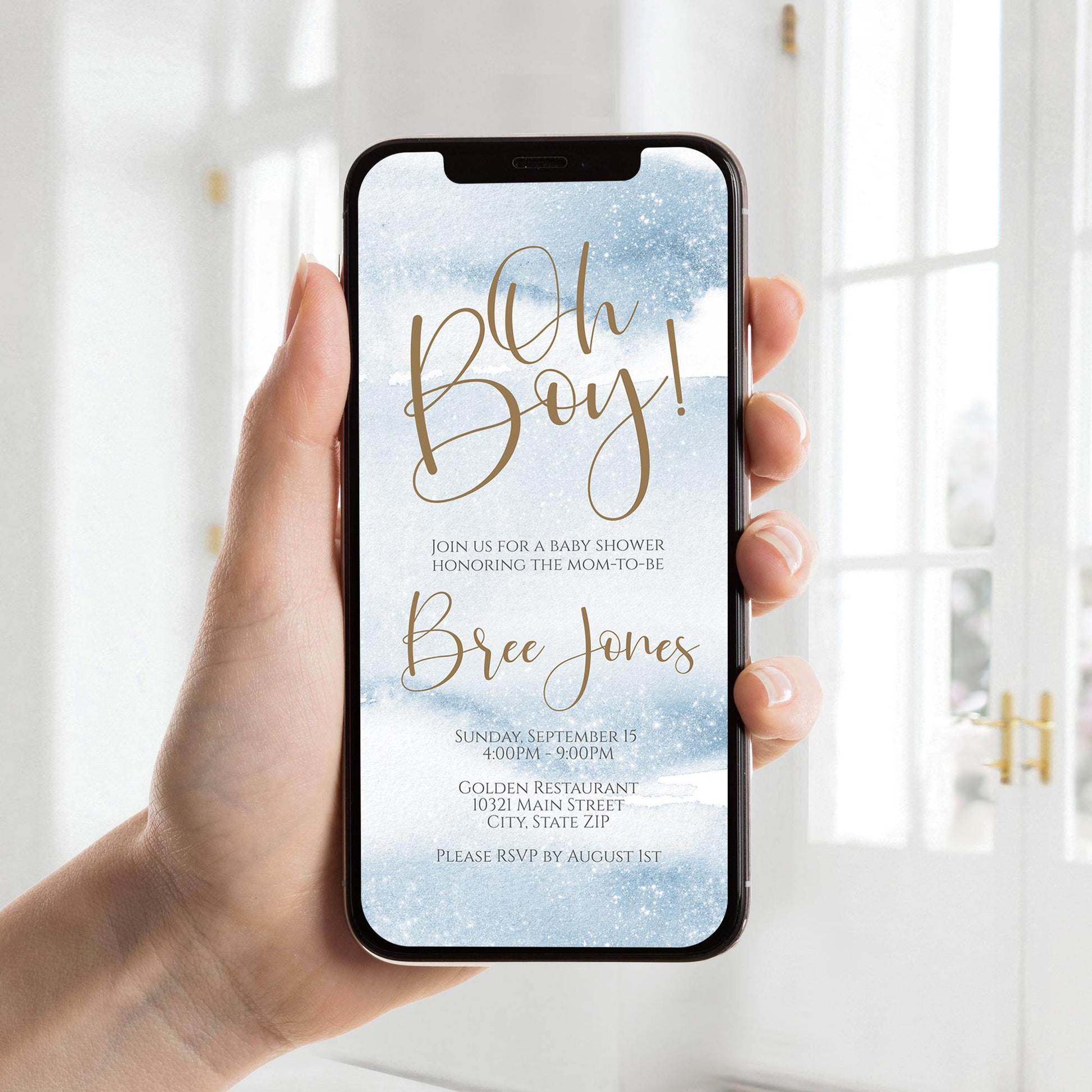 Oh Boy Baby Shower Digital Invite | Blue Watercolor Baby Shower Invitation | Text Message Baby Shower Template | Editable Electronic Invite