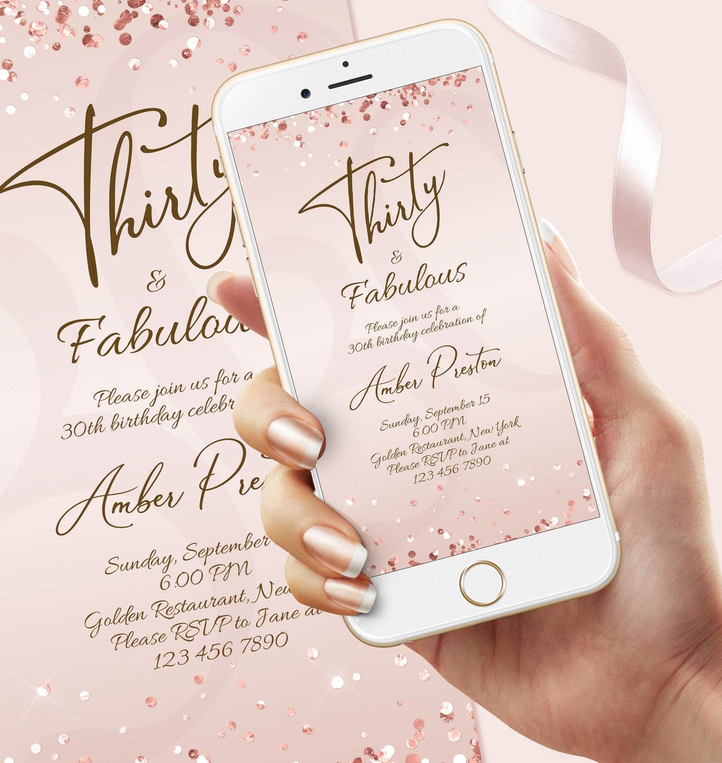 Digital Thirty and Fabulous Dinner Party Invitation – Rose Gold 30th Birthday Evite for Her | Editable Electronic Female Invite Template | Instant Download
