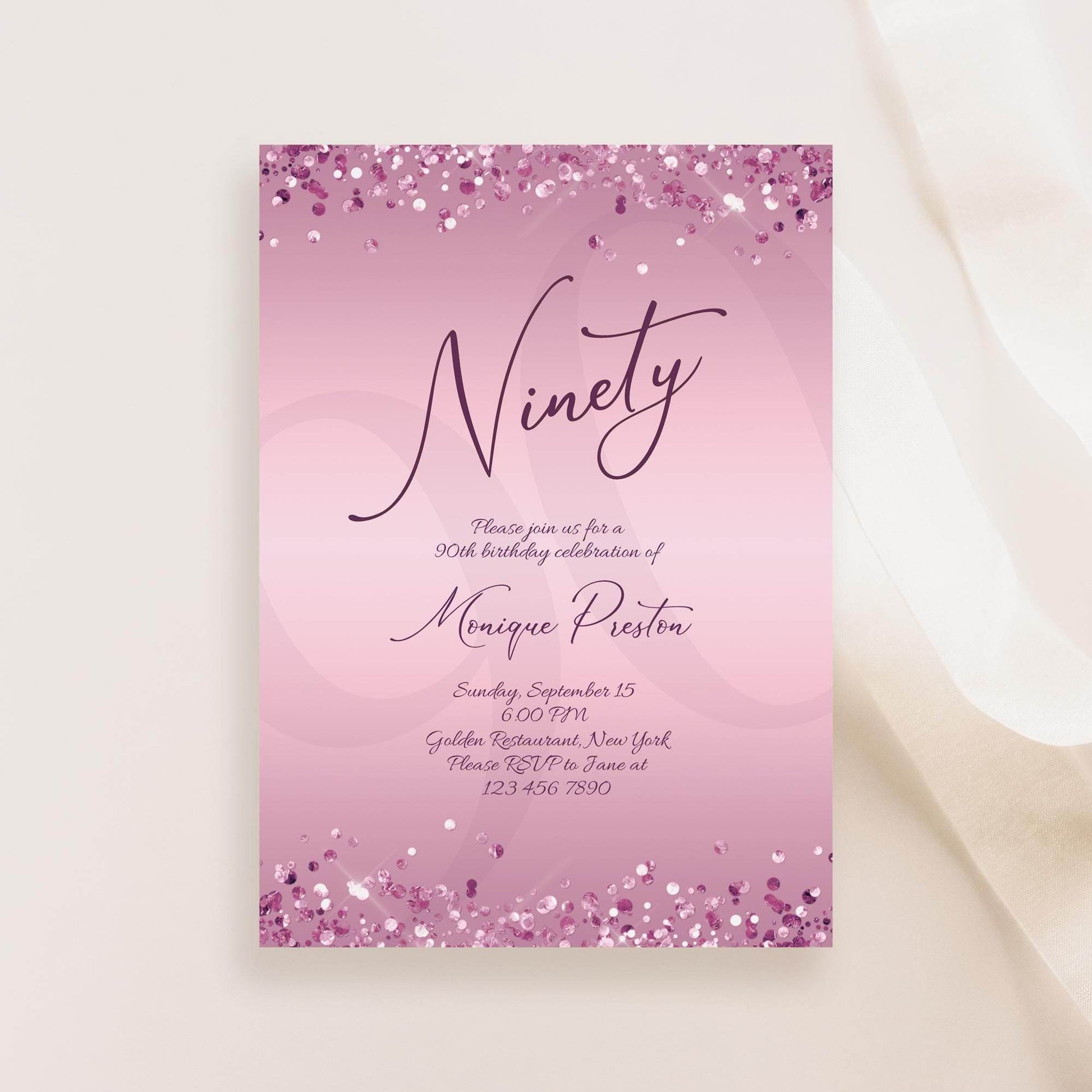 Printable 90th Birthday Invitation Template, Editable Purple Lavender Birthday Party Invite, Luxury Email Text Message Card, Instant Download