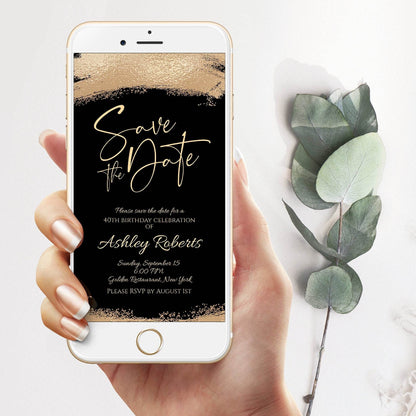 Electronic Save The Date Invitation Template, Gold Foil Look Ecard, Editable Digital Birthday Evite, Instant Download