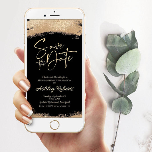 Electronic Save The Date Invitation Template, Gold Foil Look Ecard, Editable Digital Birthday Evite, Instant Download