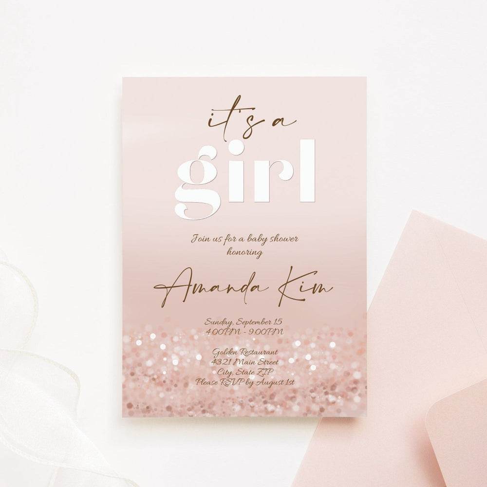 It’s a Girl Baby Shower Invitation Template – Editable Rose Gold Baby Sprinkle Invite | Printable Digital Baby Shower Card | Instant Download