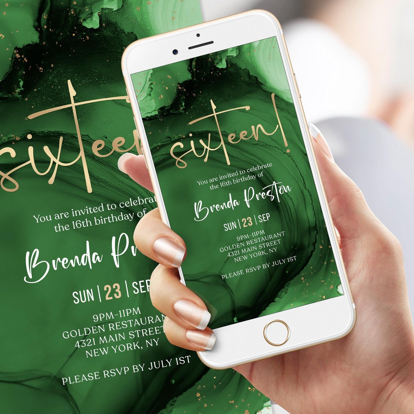 Digital Green Emerald Gold 16th Sixteen Birthday Invitation Template, Electronic Sixteen Invite, Editable Invitation, Text Message Evite