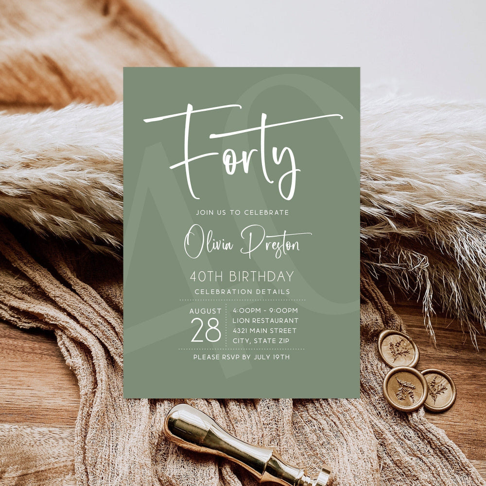 Sage Green 40th Birthday Invitation Template | Editable | Instant Download