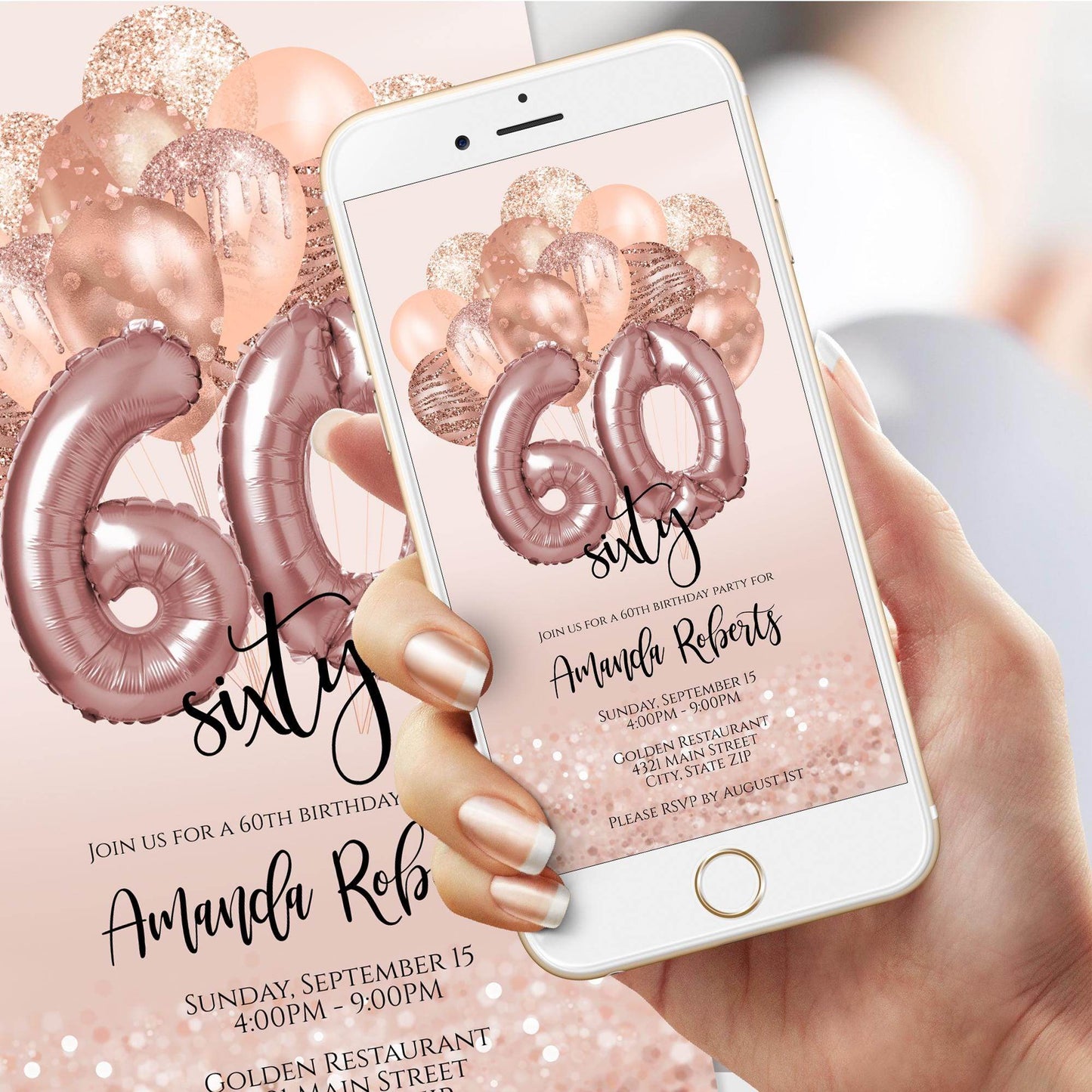 Digital 60th Birthday Invitation Template, Rose Gold Balloons Sixty Editable Invite, Text Message Evite, Phone Invitation, Instant Download