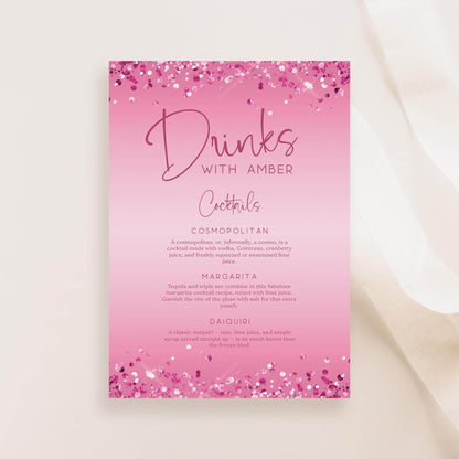 Cocktail Drinks Menu Signage Template – Editable Pink Signature Drinks Menu | Custom Name Printable for Birthday, Bachelorette, Hens Party | Instant Digital Download